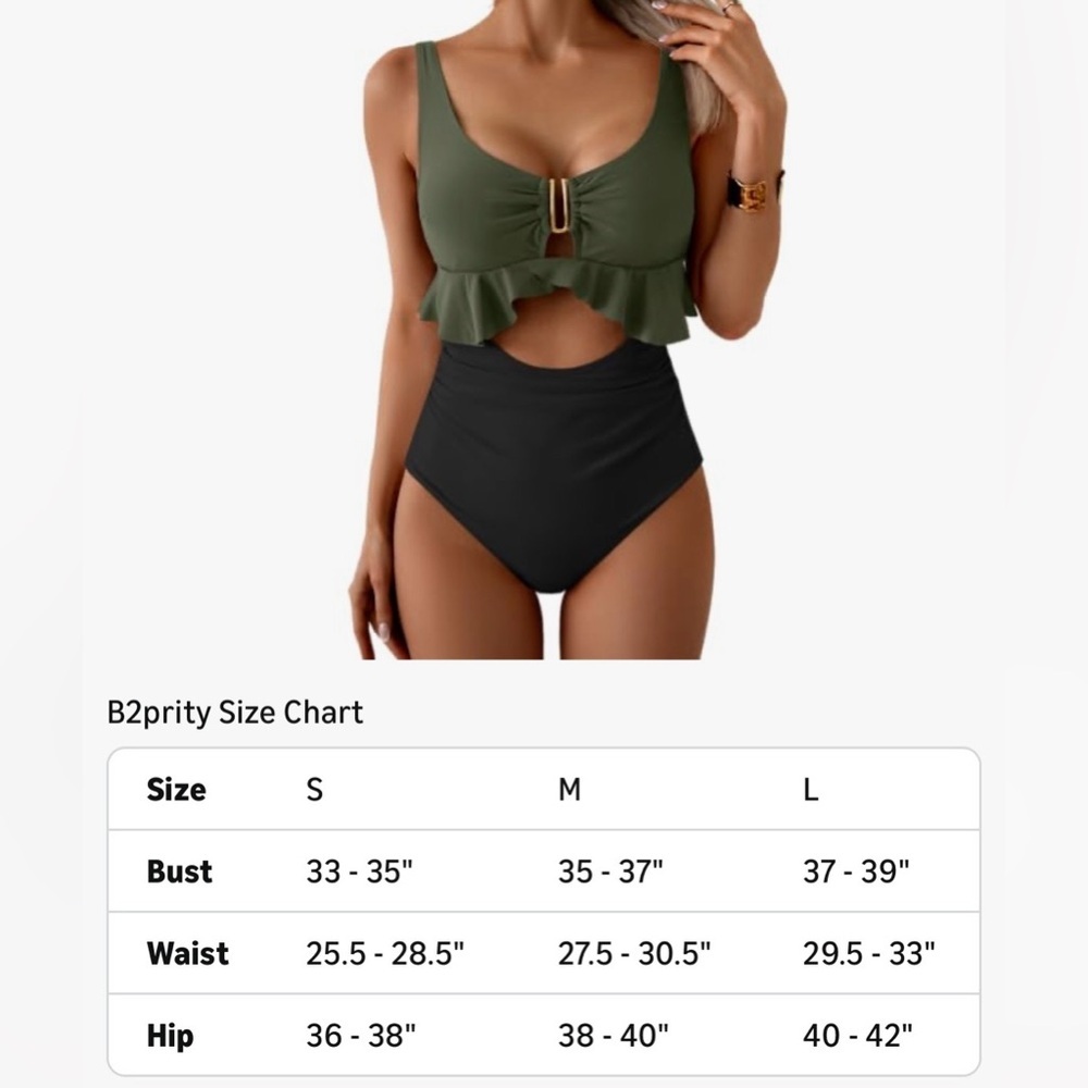 NWT B2prity Tummy Control One-Piece Ruffled Swimsuit Army Green & Black Size M - Picture 10 of 10
